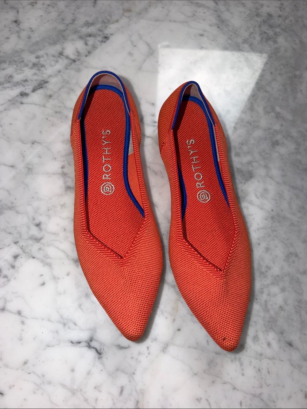 Rothy's Orange Pointed Knit Flats with Blue Trim